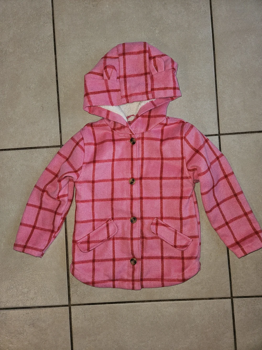 Old Navy Pink Plaid Hooded Kids Pea Coat